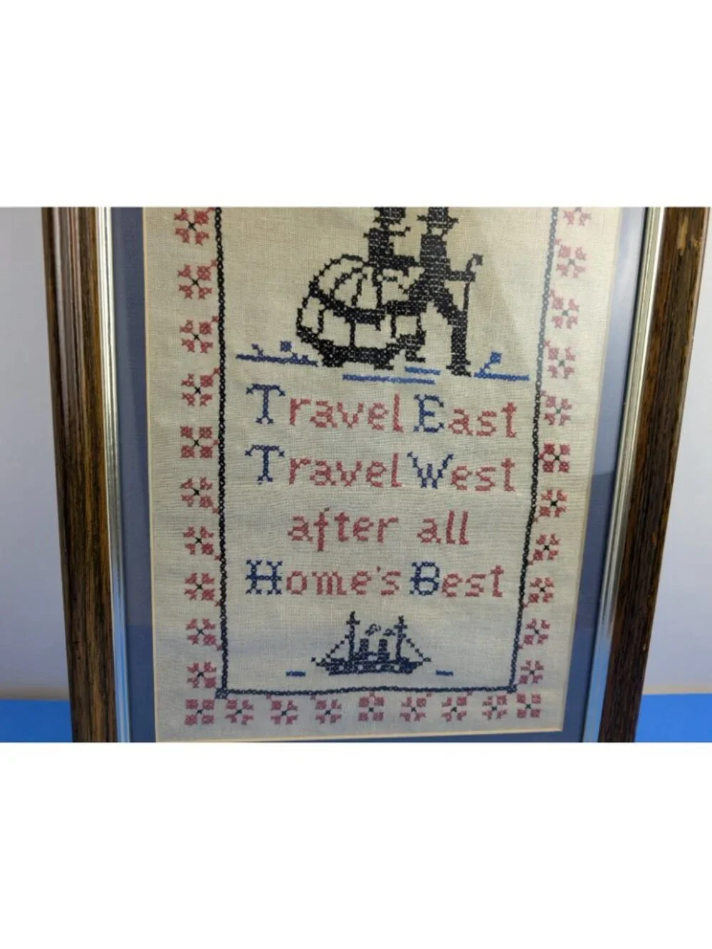Vintage Framed Needlepoint Embroidery Travel East Travel West Home Best Nautical
